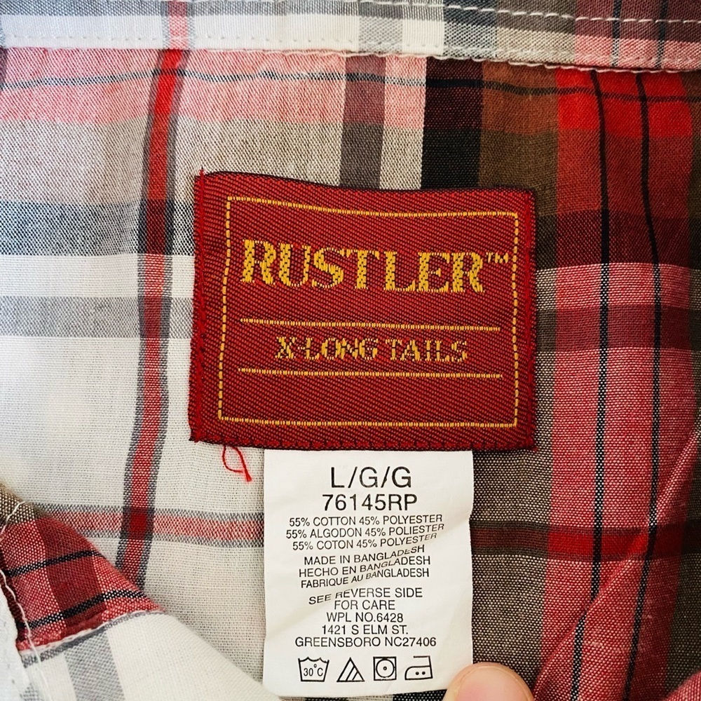 Rustler X-Long Tails Western Pearl Snap Red Plaid Short Sleeve Shirt Mens Large - Picture 3 of 10